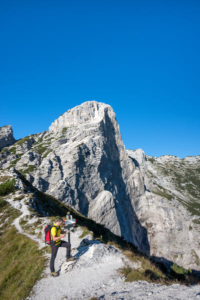 Mount Pizzocco, Dolomites, Veneto, Italy. View from the Forcella Intrigos in the north-east wall of the Pizzocco