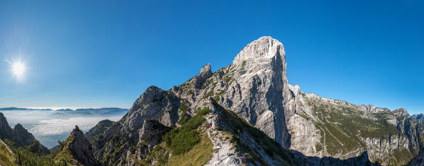 Mount Pizzocco, Dolomites, Veneto, Italy. View from the Forcella Intrigos in the north-east wall of the Pizzocco