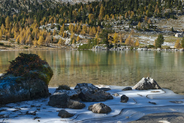 Fanes, Dolomites, South Tyrol, Italy. Autumn at the Lago Verde/Gruensee near the refuges Fanes and Lavarella