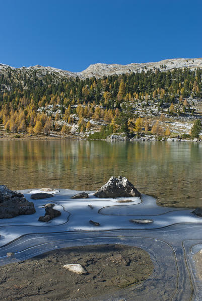 Fanes, Dolomites, South Tyrol, Italy. Autumn at the Lago Verde / Grünsee near the refuges Fanes and Lavarella