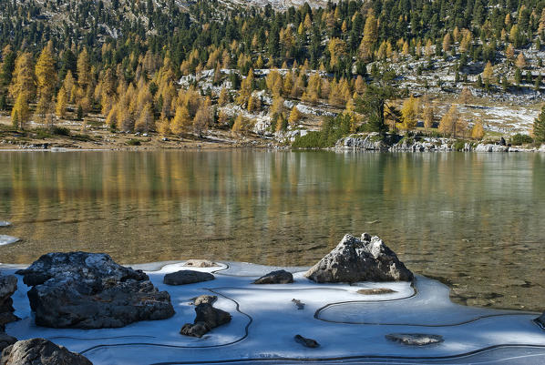 Fanes, Dolomites, South Tyrol, Italy. Autumn at the Lago Verde / Gruensee near the refuges Fanes and Lavarella