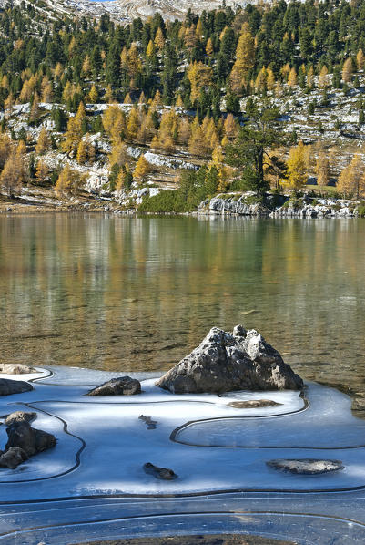 Fanes, Dolomites, South Tyrol, Italy. Autumn at the Lago Verde/Gruensee near the refuges Fanes and Lavarella