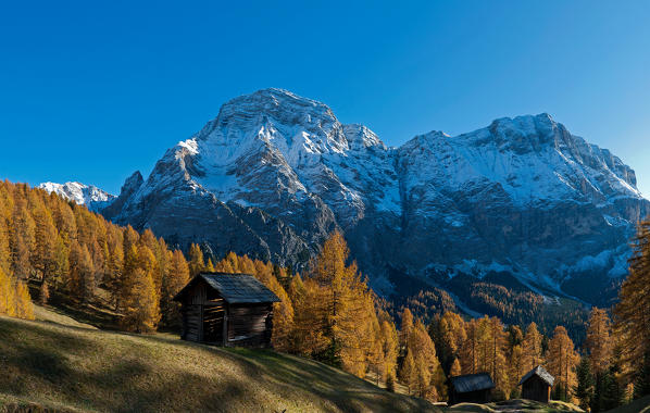 Alta Badia, Dolomites, South Tyrol, Italy. Autumn at the pastures of Ciavaza. In the background the Sasso delle Nove / Neunerspitze and the Sasso delle Dieci / Zehnerspitze, Fanes, Dolomites