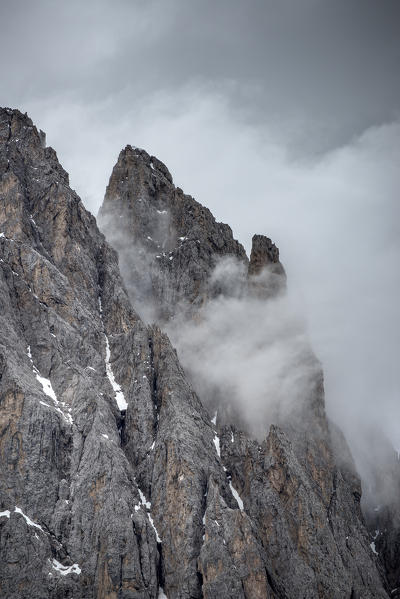 Funes Valley, Dolomites, South Tyrol, Italy. Fog enveloped the summit of the Odle