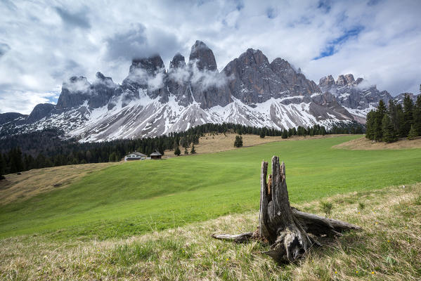 Funes Valley, Dolomites, South Tyrol, Italy. View from Malga Glatsch to the peaks of the Odle