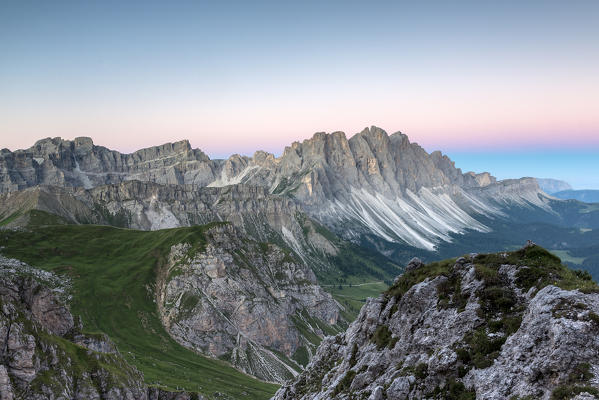 Funes Valley, Dolomites, South Tyrol, Italy. Blue hour over the Odle