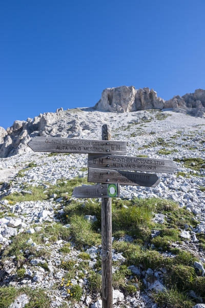 Odle di Eores, Dolomites, South Tyrol, Italy. Markink on the Alta Via Guenther Messner