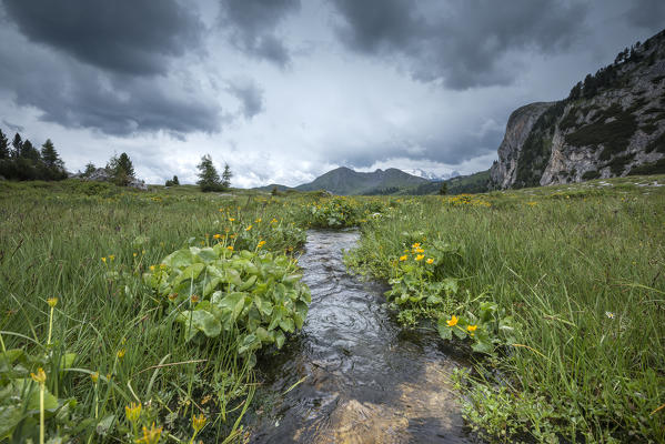 Passo Valparola, Dolomites, Italy. A rain front moves past. In the Background the Col di Lana, in first world war a highly competitive summit.