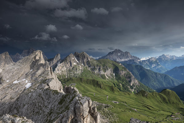 Nuvolau, Dolomites, Veneto, Italy. The Dolomites after the storm. From left Monte Pelmo, Ra Gusela, Monte Cernera and the Civetta