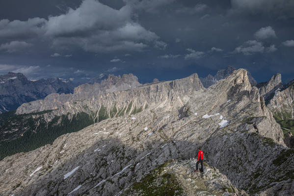 Nuvolau, Dolomites, Veneto, Italy. The Dolomites after the storm. From left Sorapiss, Antelao, Croda da Lago, Lastoi de Formin and Ra Gusela