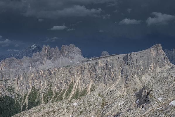 Nuvolau, Dolomites, Veneto, Italy. The Dolomites after the storm. From left Antelao, Croda da Lago and Lastoi de Formin