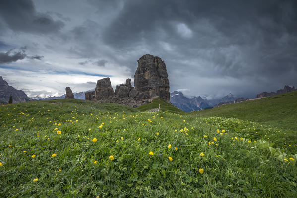 Cinque Torri, Dolomites, Veneto, Italy. Storm over the Cinque Torri.