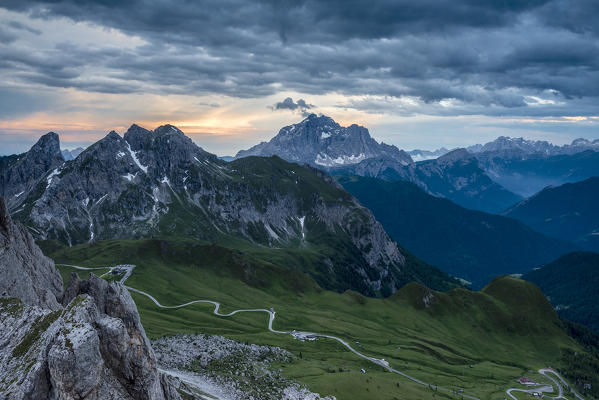 Nuvolau, Dolomites, Veneto, Italy.The light of the sunset over the Dolomites with the peaks of Monte Cernera and Civetta.