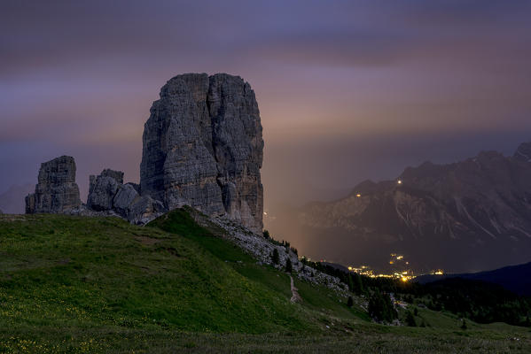 Cinque Torri, Dolomites, Veneto, Italy. Full moon night over the peaks of Cinque Torri.