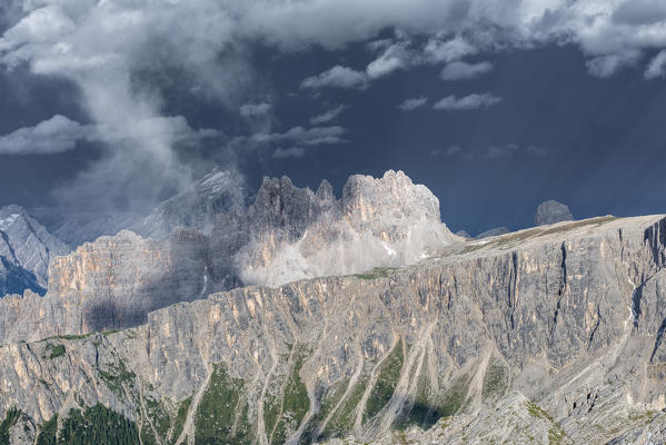 Nuvolau, Dolomites, Veneto, Italy. The Dolomites after the storm. From left Antelao, Croda da Lago and Lastoi de Formin