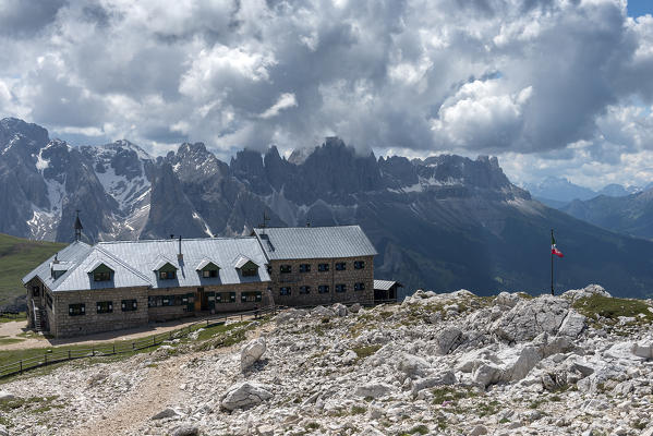 Sciliar, Seiser Alm, Dolomites, South Tyrol, Italy. The refuge Bolzano/Schlernhaus on the Sciliar/Schlern