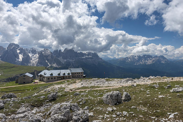 Sciliar, Seiser Alm, Dolomites, South Tyrol, Italy. The refuge Bolzano/Schlernhaus on the Sciliar/Schlern