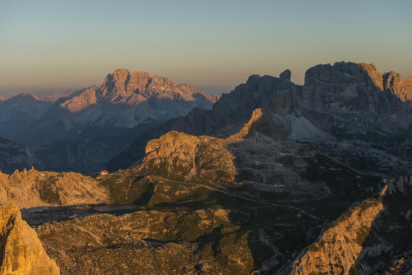 Sesto/Sexten, Dolomites, South Tyrol, Italy. First sunlight at Refuge Locatelli alle Tre Cime. 