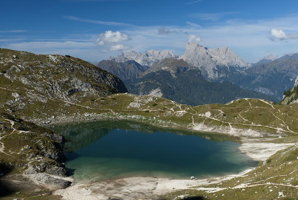 Alleghe, Dolomites, Veneto, Italy. The Coldai lake with the Marmolada in the background.