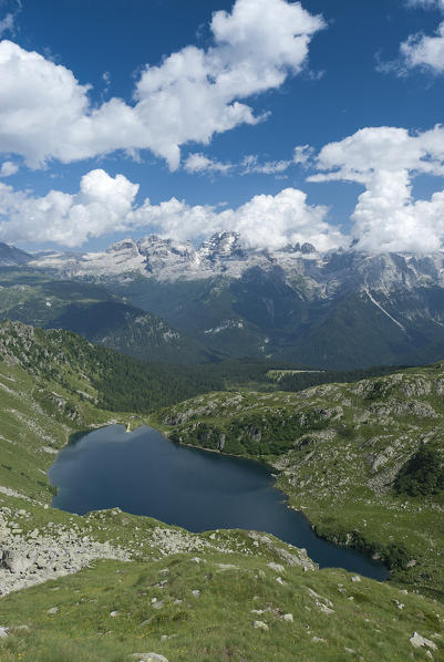 Madonna di Campiglio, Trentino, Italy. The Lake Ritorto with the Brenta mountain group