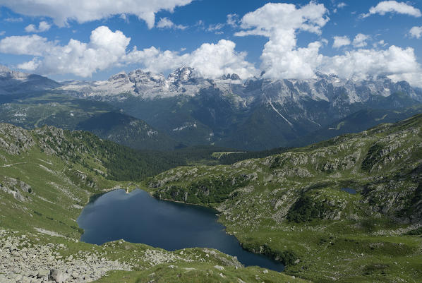 Madonna di Campiglio, Trentino, Italy. The Lake Ritorto with the Brenta mountain group