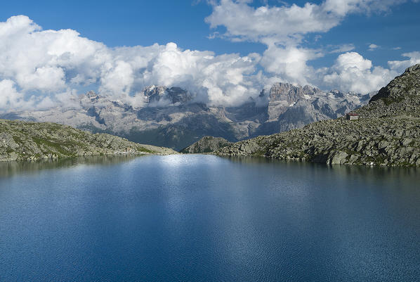 Madonna di Campiglio, Trentino, Italy. The Serodoli lake with the Brenta mountain group