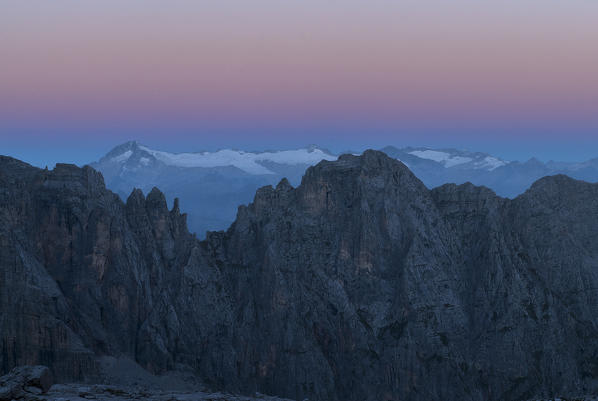 Adamello, Trentino, Italy. Twilight over the Peaks Carè Alto and Mount Adamello
