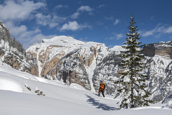 Fanes, Dolomites, South Tyrol, Italy. Ski mountaineer in the ascent to the refuges Fanes and Lavarella