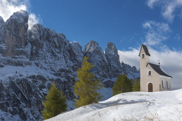 Passo Gardena, Dolomites, South Tyrol, Italy. Chapel on the Passo Gardena. 