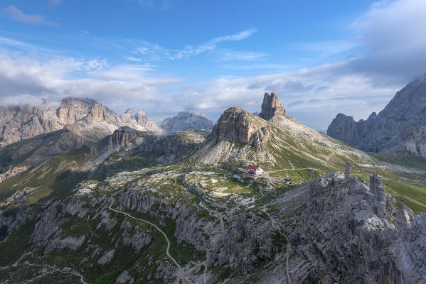 Sesto, Dolomites, South Tyrol, Italy. The refuge Locatelli and the summit of Torre di Toblin