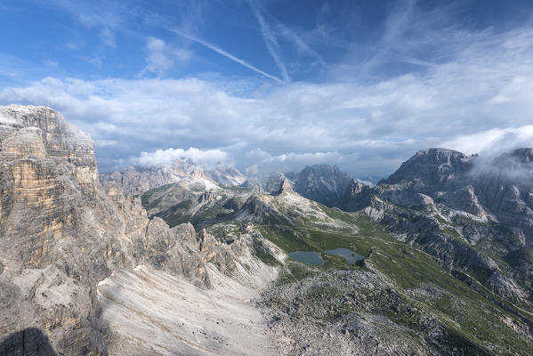 Sesto/Sexten, Dolomites, South Tyrol, Italy. The refuge Locatelli and the lakes Piani
