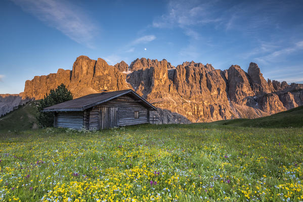 Passo Gardena, Dolomites South Tyrol, Italy. Alpenglow in the wall of the Sella
