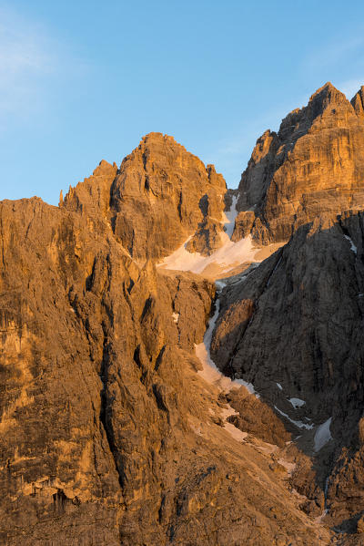 Sella, Dolomites, South Tyrol, Italy. Alpenglow in the Sella with the Sas da Lech