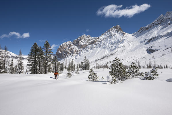 Fanes, Dolomites, South Tyrol, Italy. Ski mountaineer  hiking in the mountains of Fanes