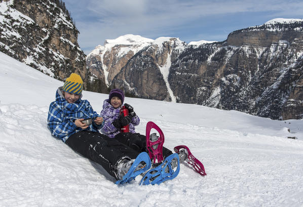 Fanes, Dolomites, South Tyrol, Italy. Short break in the ascent to the refuge Fanes