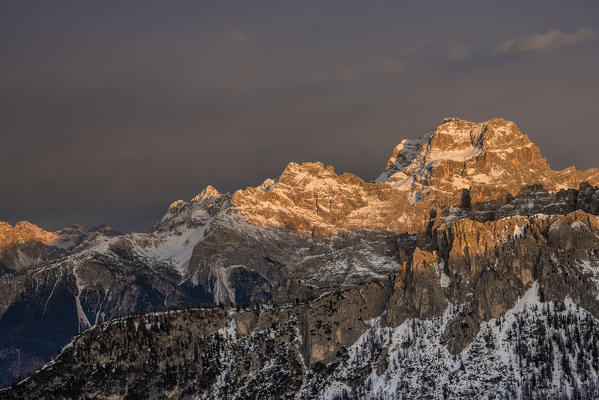 Passo Giau, Dolomites, Veneto, Italy. Enrosadira on the walls of the Sorapiss