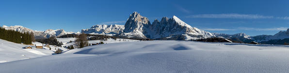 Alpe di Siusi/Seiser Alm, Dolomites, South Tyrol, Italy. Winter landscape on the Alpe di Siusi/Seiser Alm. In the background the peaks of Puez, Cir, Sella, Sassolungo/Langkofel and Sassopiatto/Plattkofel