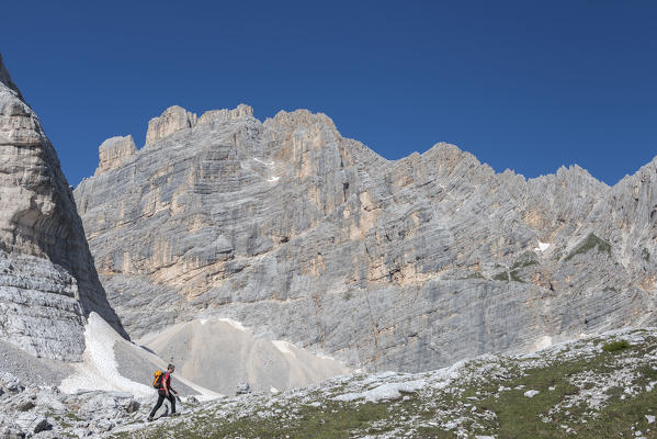 Sorapiss, Dolomites, Veneto, Italy. On the way in the Sorapiss mountain group with the peaks of Punta Nera