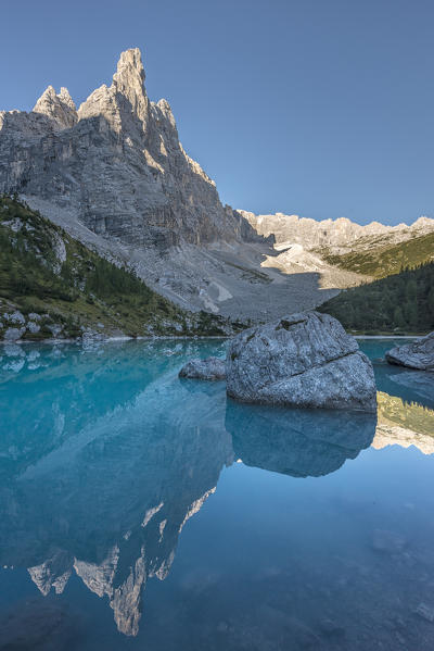 Sorapiss Lake, Dolomites, Veneto, Italy. In the Sorapiss Lake reflected the Dito di Dio (God's Finger)