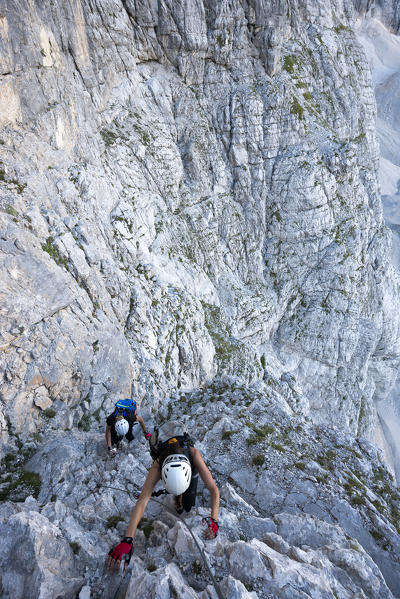 Sorapiss, Dolomites, Veneto, Italy. Climbers on the via ferrata Vandelli