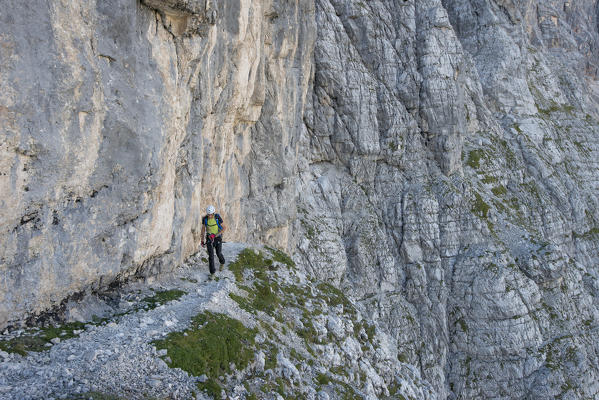 Sorapiss, Dolomites, Veneto, Italy. Climber on the via ferrata Vandelli