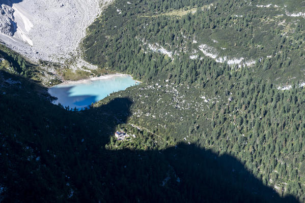 Sorapiss, Dolomites, Veneto, Italy. The Sorapiss Lake and the refuges Vandelli