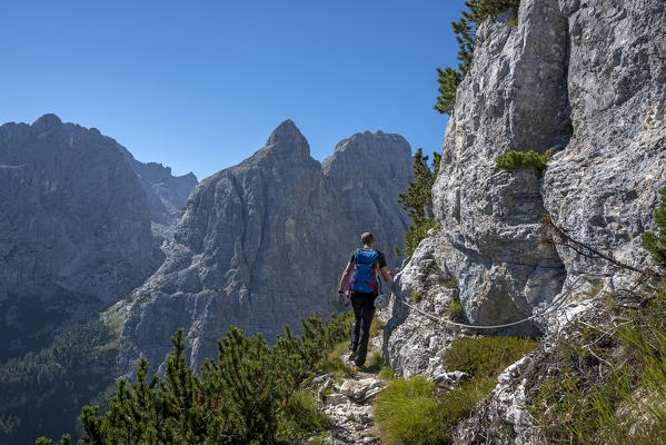 Sorapiss, Dolomites, Veneto, Italy. Climber on the via ferrata Minazio