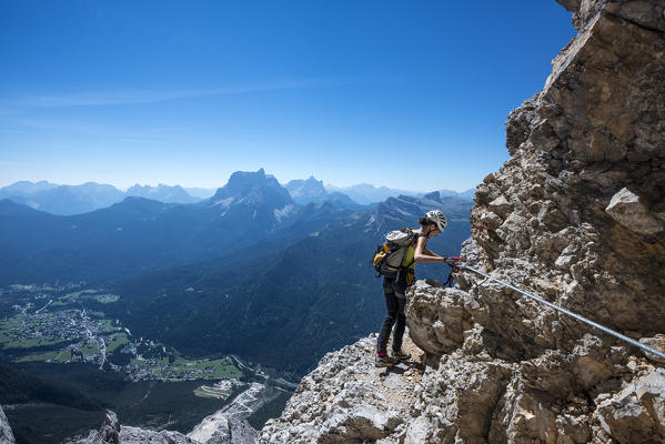 Sorapiss, Dolomites, Veneto, Italy. Climber on the via ferrata Berti