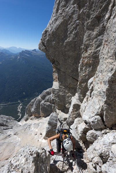 Sorapiss, Dolomites, Veneto, Italy. Climber on the via ferrata Berti