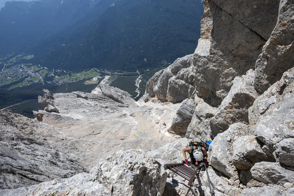 Sorapiss, Dolomites, Veneto, Italy. Climber on the via ferrata Berti