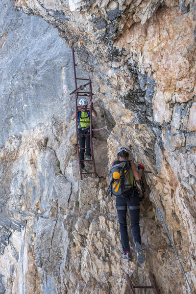 Sorapiss, Dolomites, Veneto, Italy. Climber on the via ferrata Berti