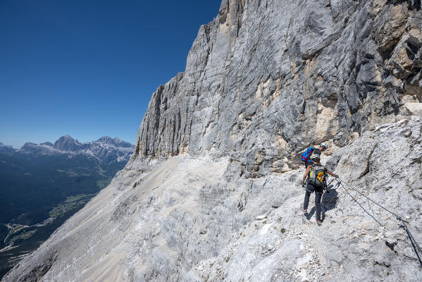 Sorapiss, Dolomites, Veneto, Italy. Climber on the via ferrata Berti