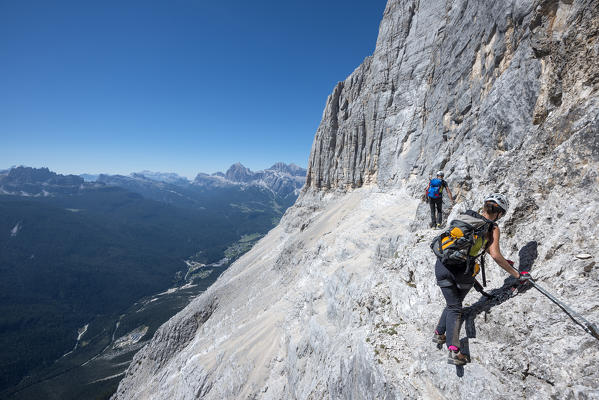 Sorapiss, Dolomites, Veneto, Italy. Climber on the via ferrata Berti