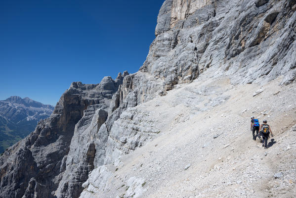 Sorapiss, Dolomites, Veneto, Italy. Climber on the via ferrata Berti